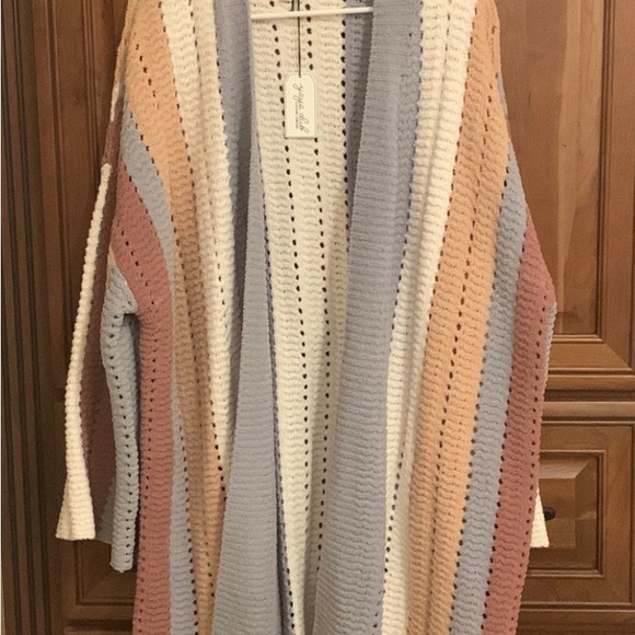 Striped Cardigan (L) NEW w/tag. Super Soft. Blue Gray, cream, camel, dusty rose - Picture 2 of 4